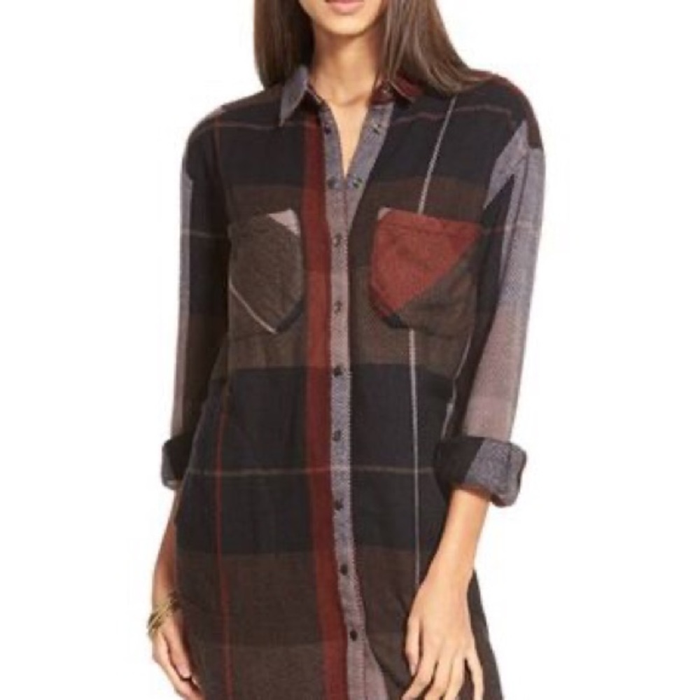 Free People “Street Talk” plaid button-up tunic.